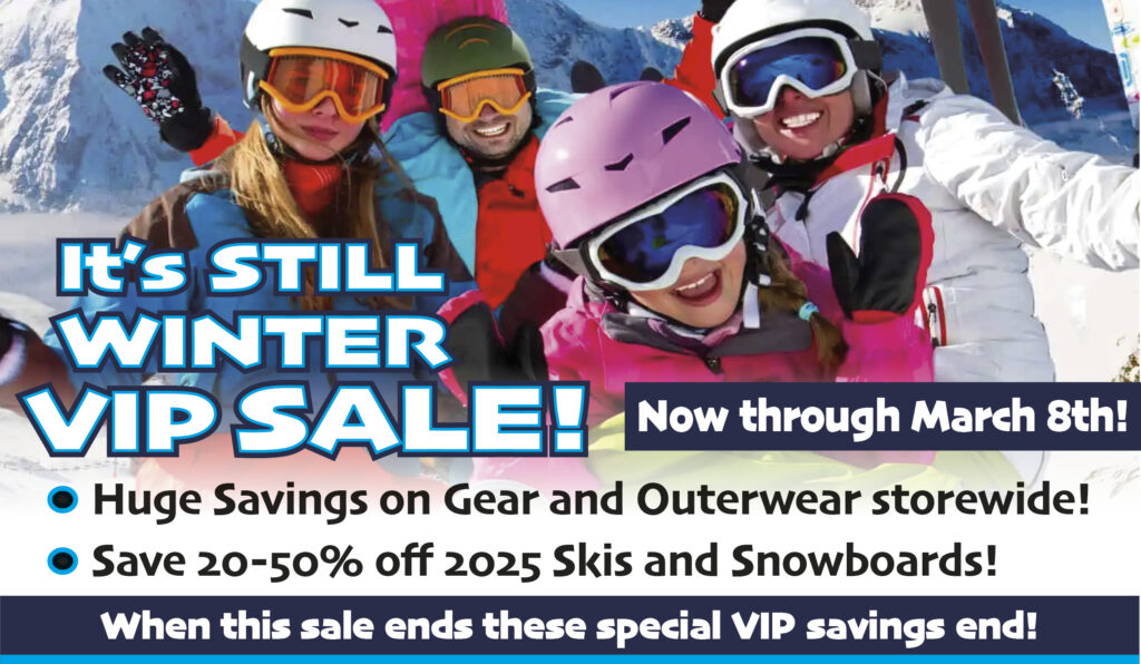 It's still winter! The snow hasn't been falling but our prices have! Get to The Ski Shop now for 20%-50% savings on Skis, Snowboards, Coats, Jackets, Bibs, Helmets, Goggles, all of our remaining outerwear and all the gear you need to dominate the slopes.